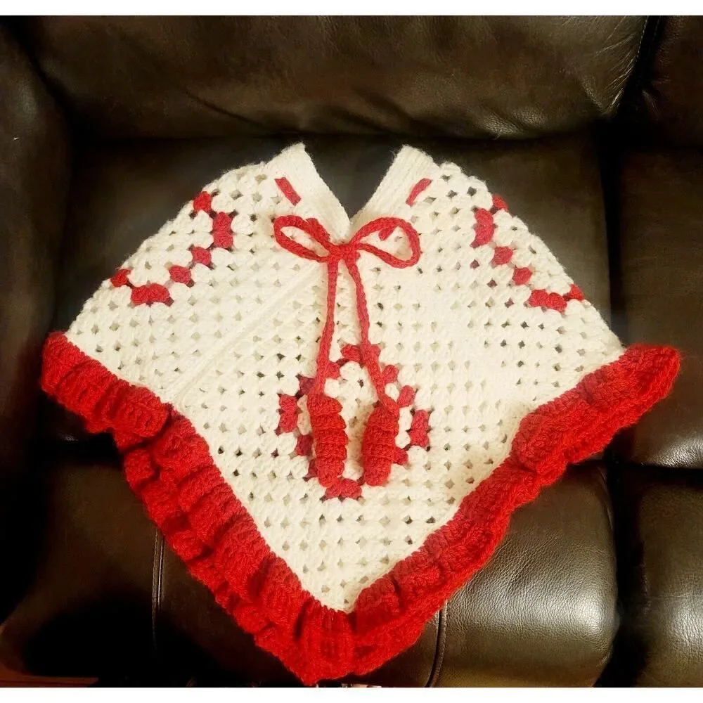Vtg Crocheted Red White Girls‎ Poncho Shawl Handmade Pom Poms Frill Christmas